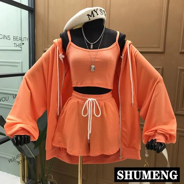 

women's tracksuits hoodie set for women 2021 summer sports suit casual hooded sweatshirt + camisole shorts three-piece female clothes, Gray