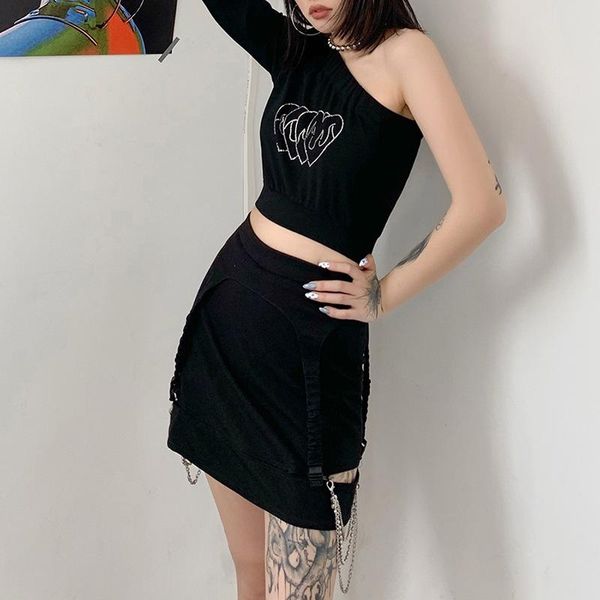 

women's t-shirt fashion women one shoulder harajuku skew collar glove short pullover female high street wear, White