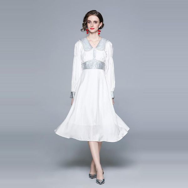 

casual dresses office lady runway chiffon dress long sleeve white party women elegant luxury midi plus size pearls button b856, Black;gray