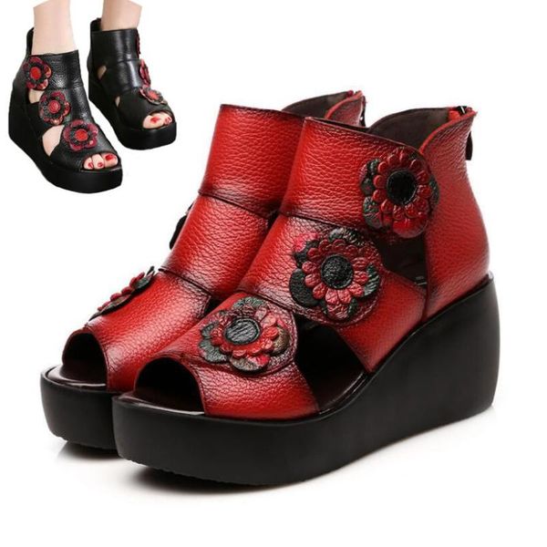

women genuine leather shoes platform wedge fish mouth sandals ladies 2021 summer female retro flower cover heel zip, Black