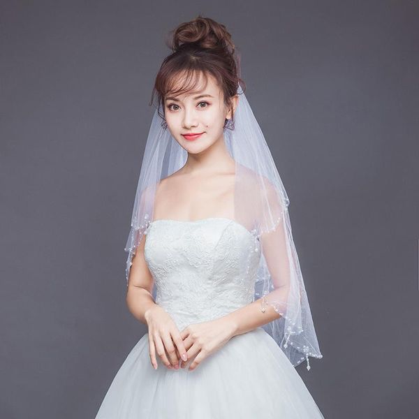 

bridal veils 2021 design pearl beaded edge wedding two layers crystal short white ivory tulle with comb woman accessories, Black