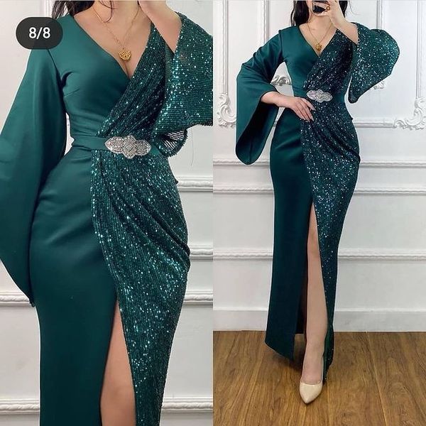 

2021 plus size arabic aso ebi sparkly high split prom dresses deep v-neck sheath sequined evening formal party second reception bridesmaid g, Black