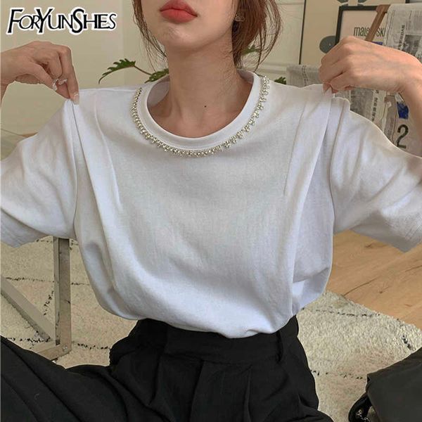 Casual T-shirt solta Mulheres Glitter Chain O-pescoço Manga Curta Tshirt Feminino Verão Tops Tops Streetwear Chique Branco Preto 210709