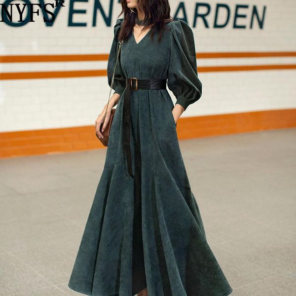

casual dresses nyfs 2021 spring autumn woman dress vintage temperament v-neck corduroy solid fishtail long dressvestido de mujer robe, Black;gray