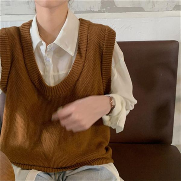 

women's sweaters vest autumn korean style vintage o-neck knitted sweater waistcoat loose slim bottoming casual pullovers, White;black