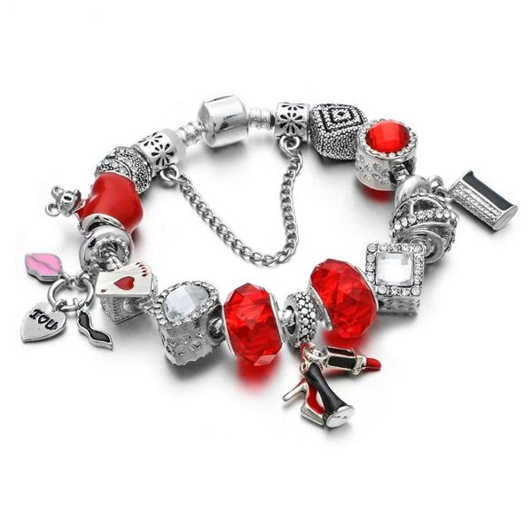 

18-21cm new charm bracelet 925 silver fit pandora european bracelets red high-heeled shoes dangle handbag enamel pendant charm bead accessor, Black