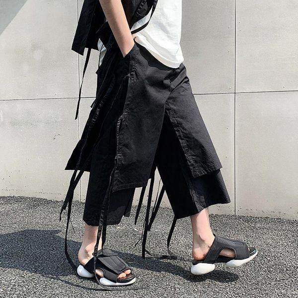 

men's pants m-xl summer alternative floating bandwidth song haren wide leg tide brand belt with skirt nine pants., Black