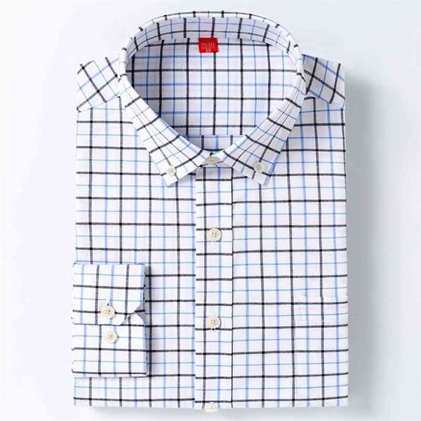 

men's oxford long sleeved check plaid shirt patch chest pocket standard-fit checkered/striped printed casual button down shirts 210708, White;black