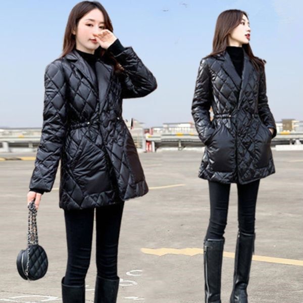 

autumn and winter japan south korea light cotton clothes womens waist closing medium length bright face black suit collar white