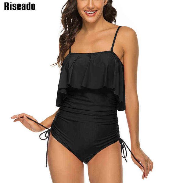 

riseado ruffle one piece swimsuits female lace up swimwear solid deep v swim bathing suits women green beach wear xxl, White;black