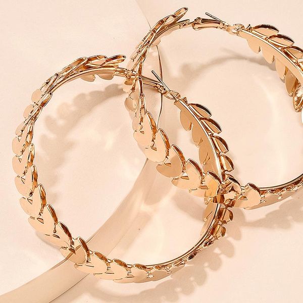 

vintage gold color metal leave big circle hoop earrings for women girl geometric round statement earrings fashion party jewelry, Golden;silver