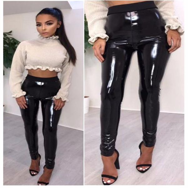 

womens black high waist pants slim soft strethcy shiny wet look faux leather vinyl leggings trouser pantalon women's & capris, Black;white