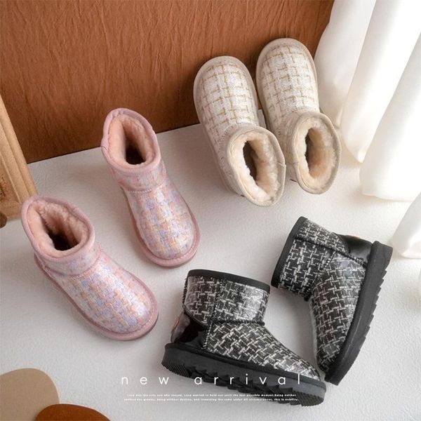 

boots korean style children' snow 2021 winter kawaii pink for girls solid color casual warm children shoes 91203, Black;grey