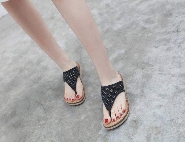 

slippers european beauty shoes wedge bohemian rhinestones pinch large size casual comfort sandals, Black