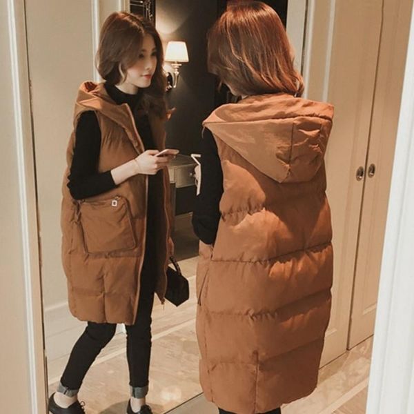 

women's trench coats female style for autumn winter korean collar wild long vest quilted cotton cloth nv wai tao fashion, Tan;black