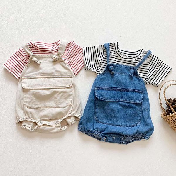 

clothing sets summer baby clothes set short-sleeved t-shirt+denim overalls outfit korean infant girls boys, White