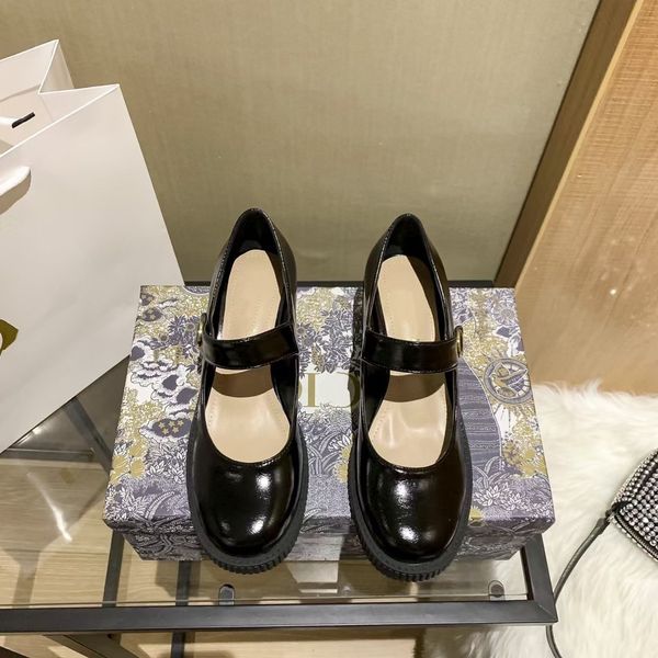 

2021d mary jane thick high heel round head medium single french buckle leather shoes, Black