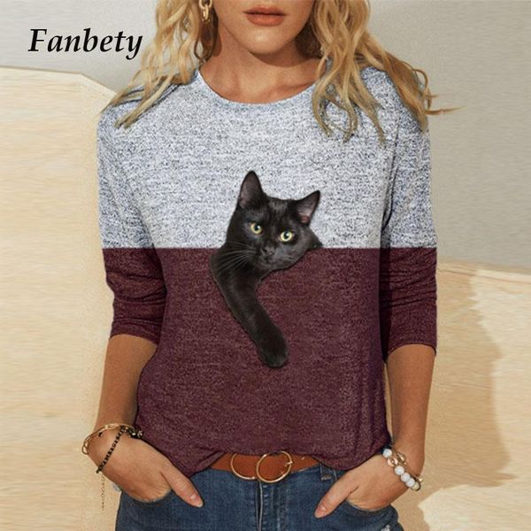 

2021 women casual loose tee-shirts spring fashion cat print female elegant o-neck long sleeve pullovers autumn streetwear, White