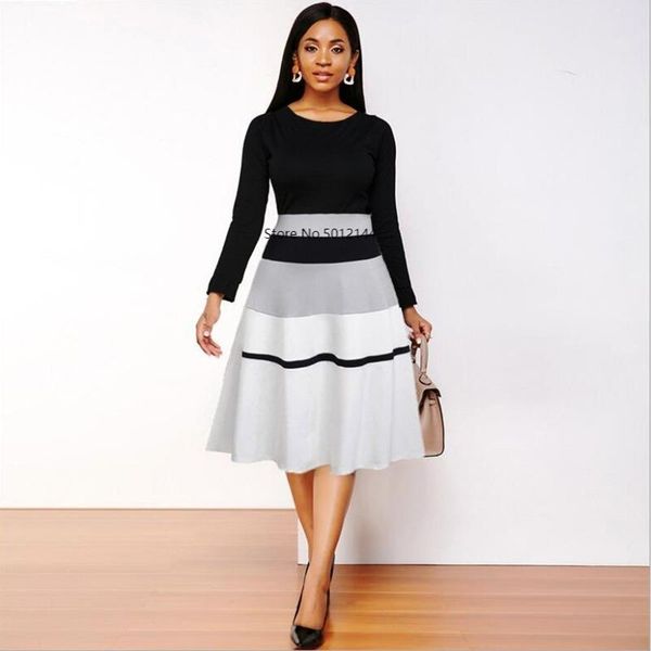 

casual dresses woman dress 2021 spring slim striped office a-line women vintage elegant high waist business long party, Black;gray