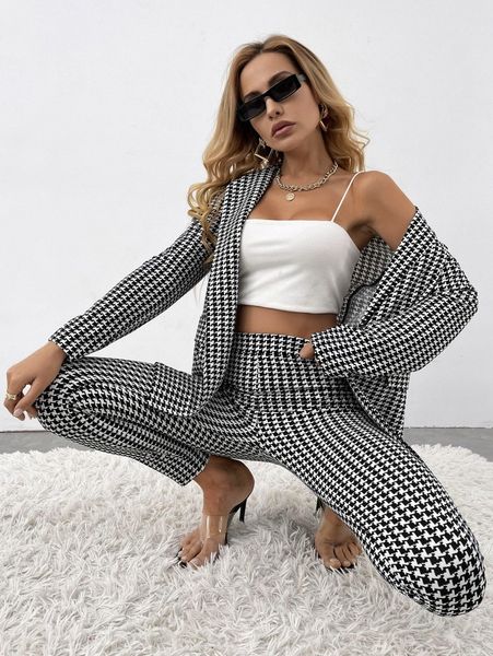 

houndstooth print blazer & skinny pants c8l4#, White