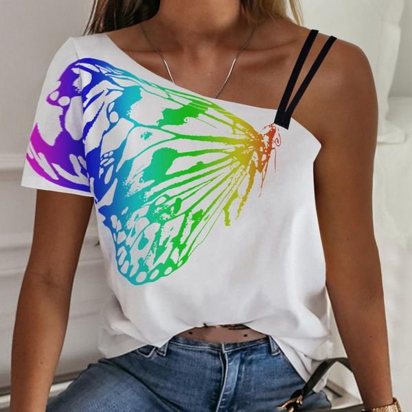 

women elegant one shoulder butterfly print blouse shirts 2021 summer irregular pullovers ladies short sleeve blusa women's blouses, White