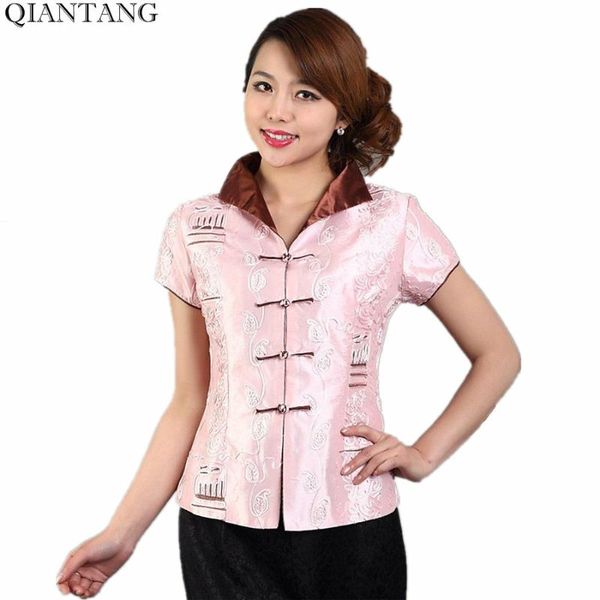 

women's blouses & shirts pink vintage chinese womens v-neck shirt satin embroidery short sleeves blouse flower size s  l xl xxl xxxl, White