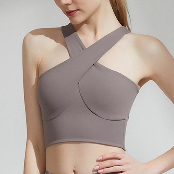 

yoga outfit cross strap tank women padded high elastic slimming solid color back hollow out running gym fitness clothes bralettes