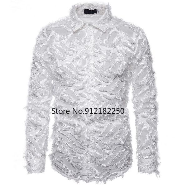 

men's casual shirts white feather shirt men 2021 fashion nightclub prom long sleeve mens dress stage singer camisa social masculina, White;black