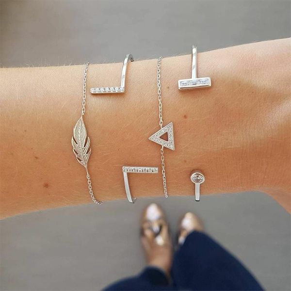 

link, chain 4 pcs/ set retro creative leaves triangle round geometric crystal open silver bracelet women personality jewelry gift, Black