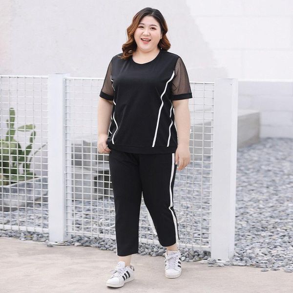 

women's two piece pants super size outfits 100.00kg fat mm300 loose mesh stitching t-shirt two-piece set, White