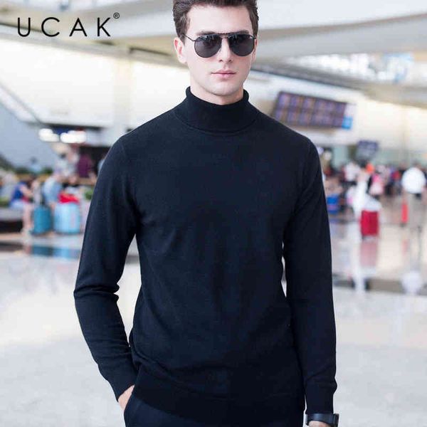 

ucak brand sweater colthing classic pure merino wool pullover pull homme autumn winter turtleneck cashmere men cloth u3004, Black
