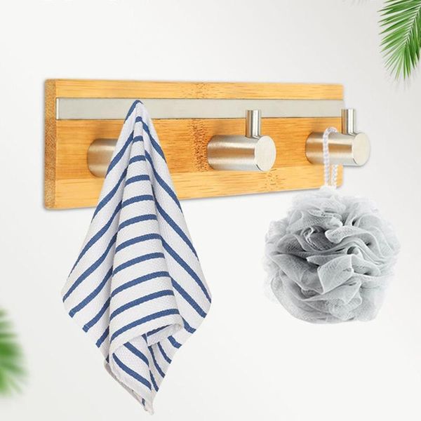 

hooks & rails 1pcs bamboo wood hole-viscose stainless steel hook easy install bathroom kitchen wall self-adhesive towel rack