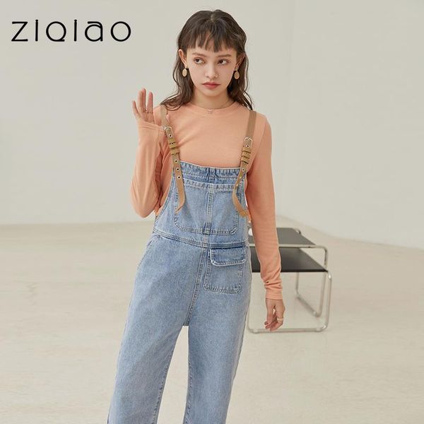 

women's jeans ziqiao petite size office lady denim overalls female korean version loose 2021 spring straight jumpsuit casual trousers, Blue