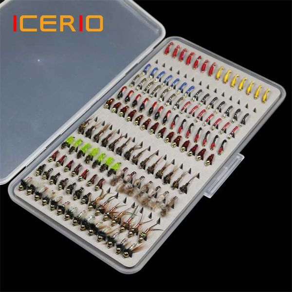 ICERIO 133 pçs/conjunto Ultrafino Portátil Ninfa Scud Midge Moscas Kit Variedade com Caixa de Iscas de Pesca de Truta 220107