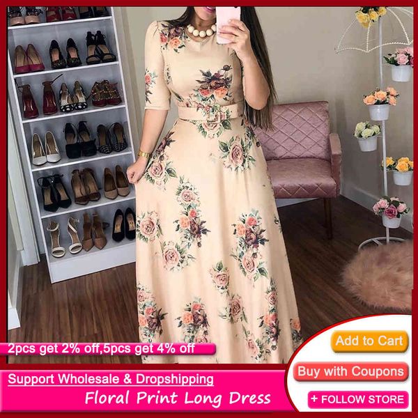 

women summer dress 2021 casual half sleeve plus size 5xl long robe femme boho floral print office maxi elegant vestido with blet x0521, Black;gray