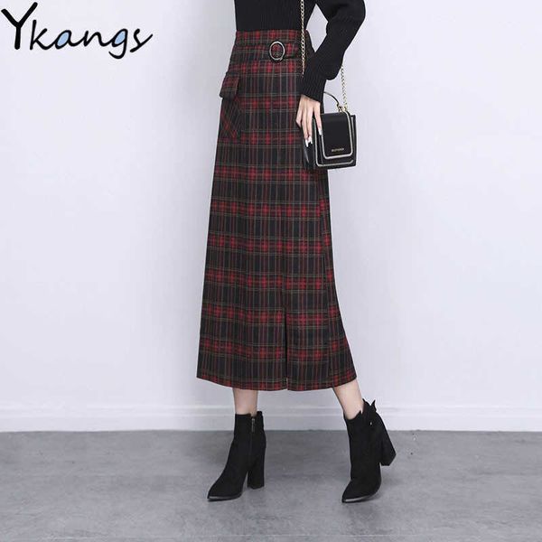 Vintage Hohe Taille Plaid Rock Frauen Winter Warme Wolle Lange Bleistift Rock Weiblichen Koreanischen Stil Elegante Damen Büro Midi Rock 210619