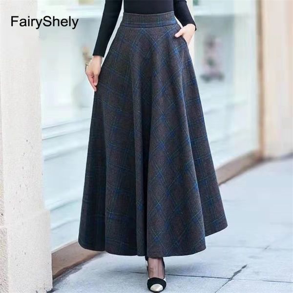 

fairyshely autumn winter high waist umbrella maxi skirt women casual pocket woolen grid skirt female flare plaid long skirt 210319, Black