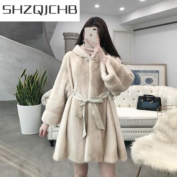 

women's fur & faux jchb 2021 real coat winter natural mink jacket hooded long overcoat luxury women korean yx108 kj3982, Black