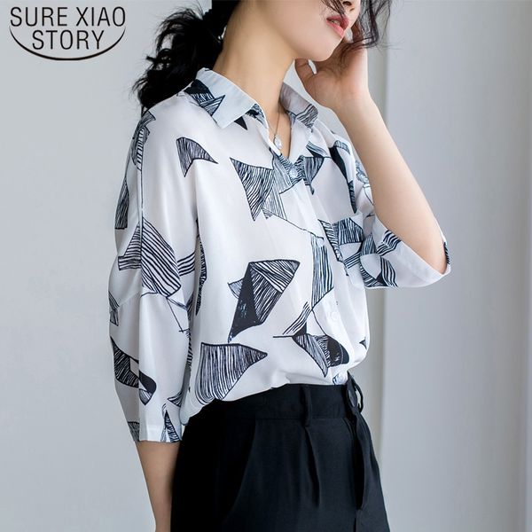 

female shirts chiffon blouse shorts v-neck ladies button geometric blusas mujer de moda women and blouses 5252 50 210510, White