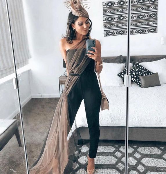 

women's jumpsuits & rompers 2021 arrival celebrity black one shoulder long mesh jumpsuit rayon bandage, Black;white
