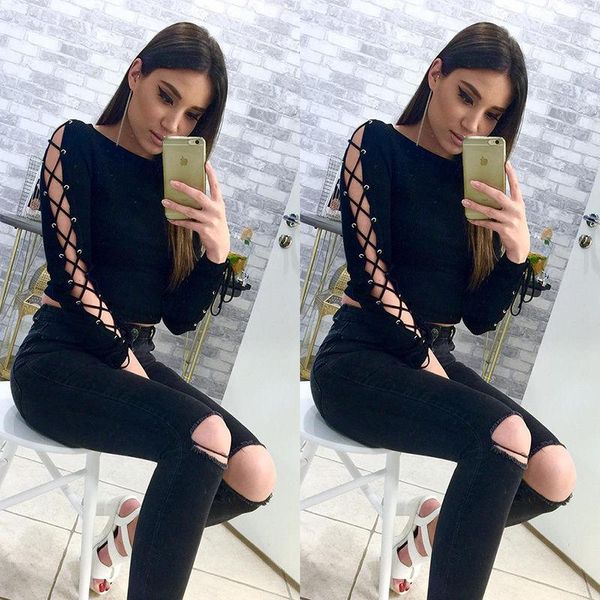 

women's t-shirt fashion women long sleeve shirt casual bandage crop loose, White