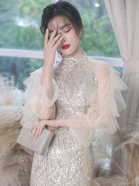 

luxury street style dresses fishtail evening dr's 2021 autumn sequin skirt length banquet host dinner annual meeting, Black;pink