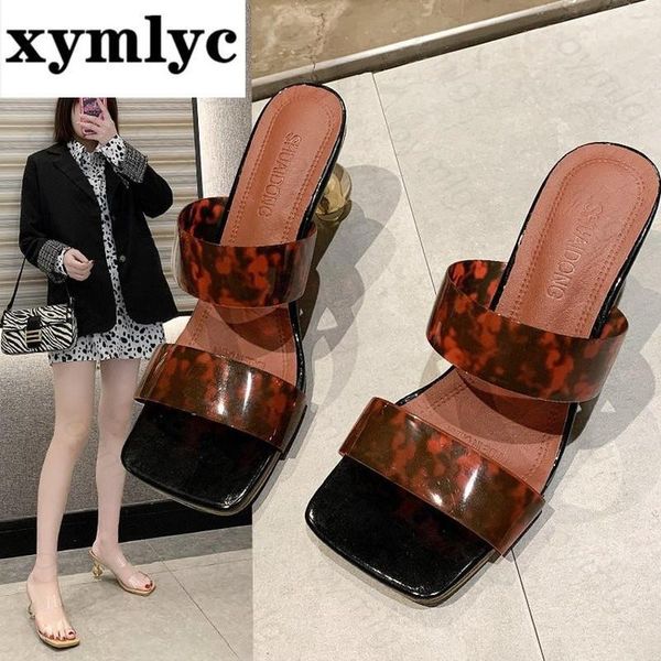 

slippers summer clear pvc square toe ladies shoes transparent crystal round women leopard jelly sandals zapatillas mujer casa, Black