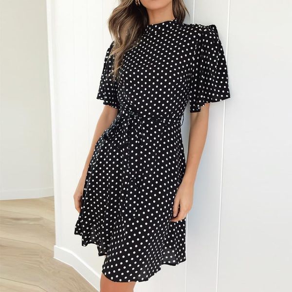 

casual dresses 2021 polka dot dress women summer boho beach mini short sleeve ladies office elegant vestido mujer, Black;gray