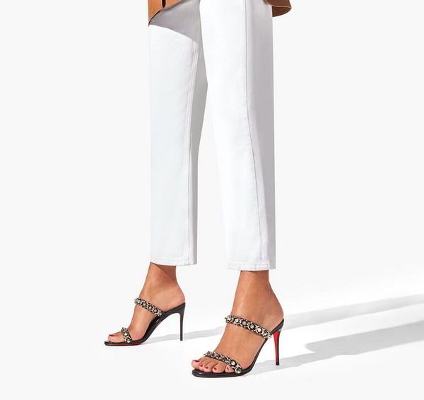 

nice summer ladies sandals luxury design high heel red background shoes leather pvc rivet sandalss and slippers dress party just chain, Black