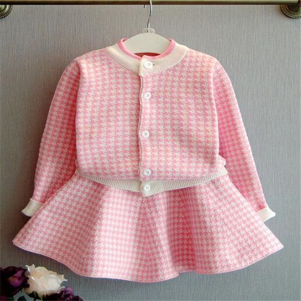 

new childrens clothes set classic style kids girls baby cardigan sweater +skirts 2pcs suit outfits, White