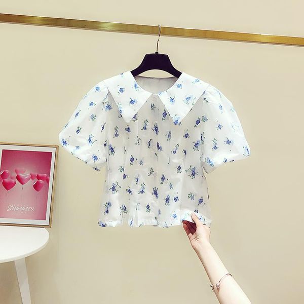 

women's blouses & shirts woman short blouse doll collar floral embroidery shirt puff sleeve slim waist cropped blusas mujer 2021 summer, White