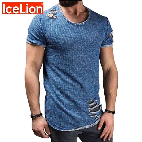 

icelion summer cotton t shirt men fashion hole short sleeve t-shirt solid slim fit o neck casual tshirt dropshipping 210319, White;black