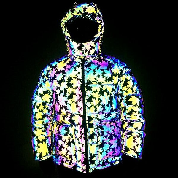 Cappotto invernale in foglia d'acero Uomo Giacche spesse riflettenti calde Uomo Hip Hop Stile Harajuku Parka Sciolto colorato Streetwear Oversize 210524