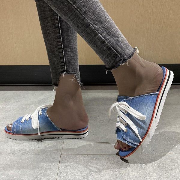 

slippers summer ladies peep toe sandals women canvas slipper woman lace up flats female casual sports denim beach shoes plus size 35-43, Black